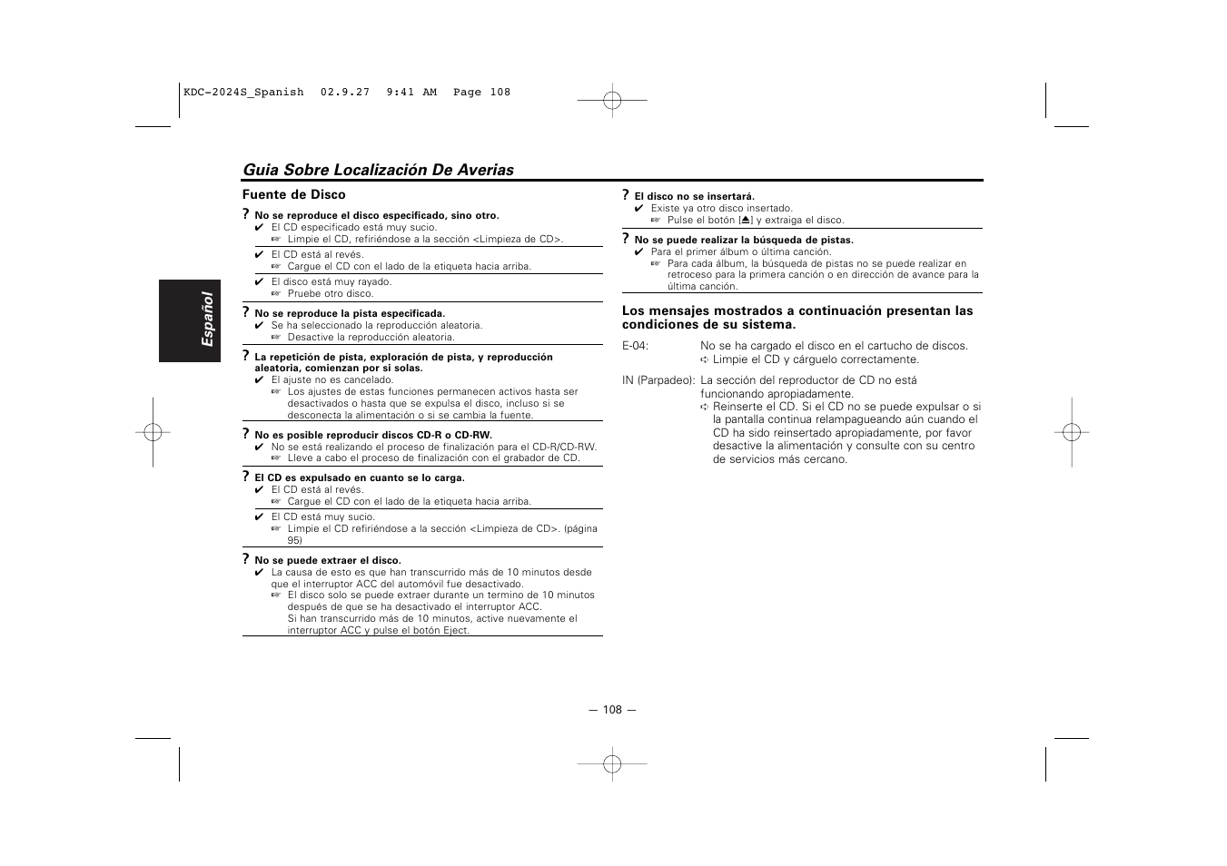 Guia sobre localización de averias | Kenwood KDC-2094 User Manual | Page 108 / 128