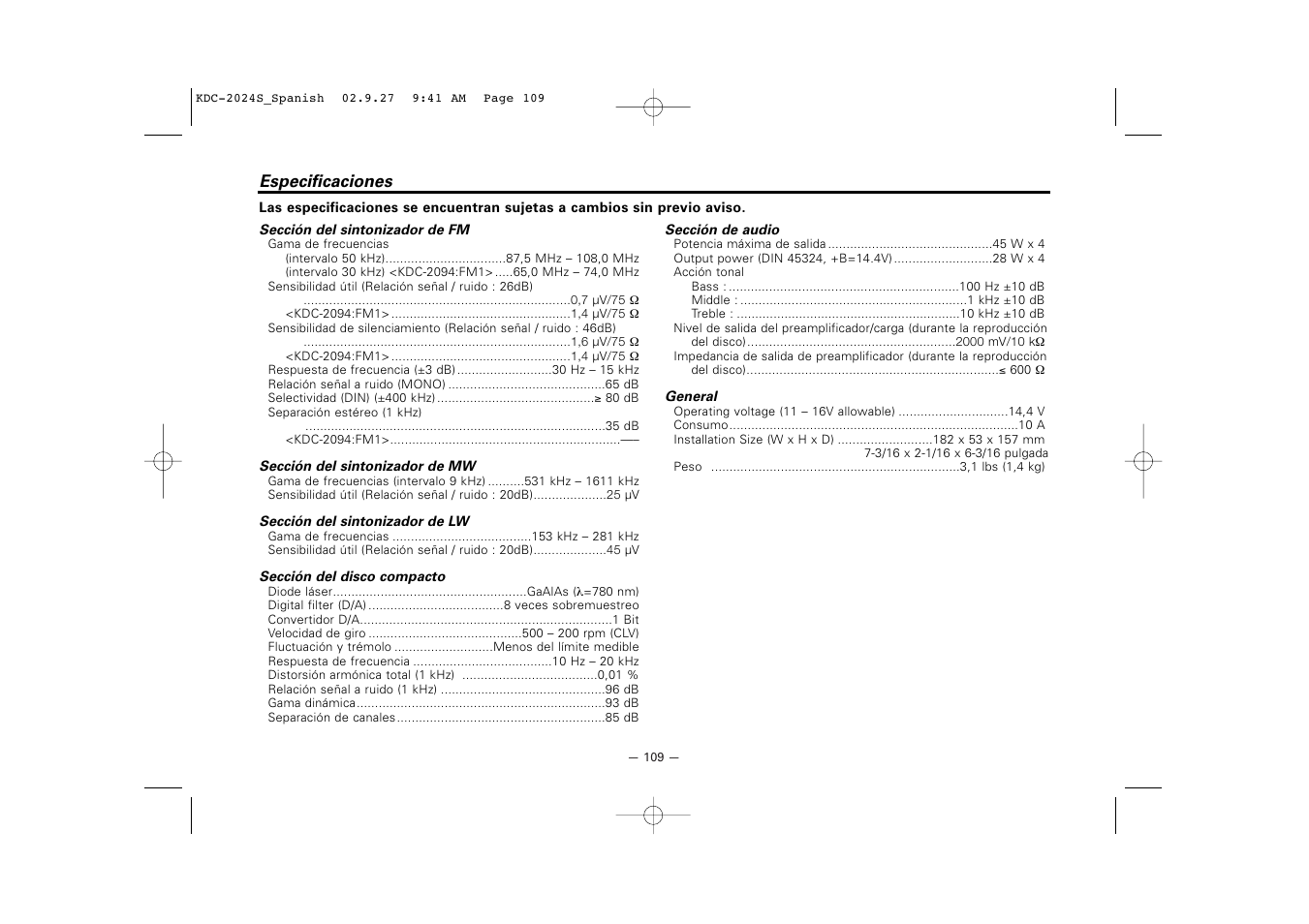 Especificaciones | Kenwood KDC-2094 User Manual | Page 109 / 128