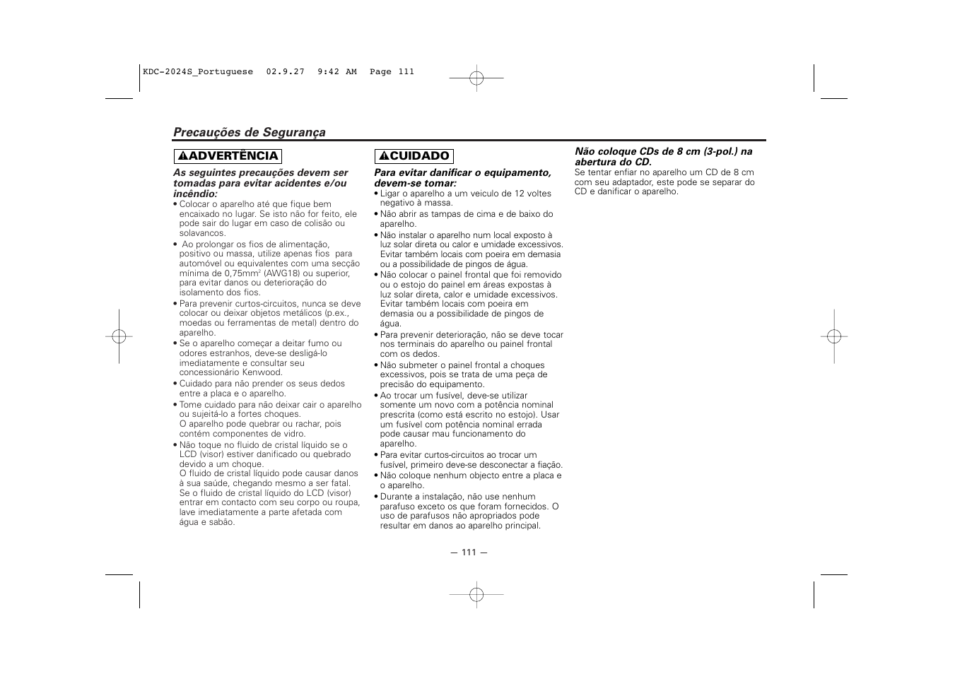 Precaucoes de seguranca | Kenwood KDC-2094 User Manual | Page 111 / 128