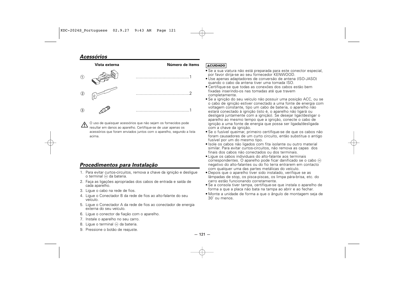 Acessorios, Procedimentos para instalacao | Kenwood KDC-2094 User Manual | Page 121 / 128