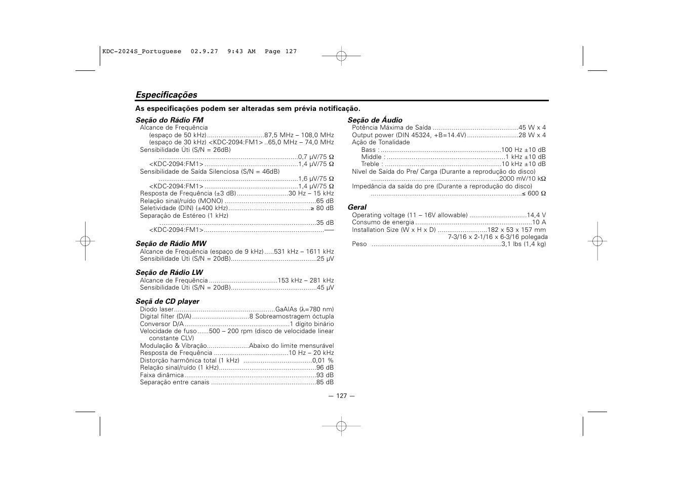 Especificacoes | Kenwood KDC-2094 User Manual | Page 127 / 128