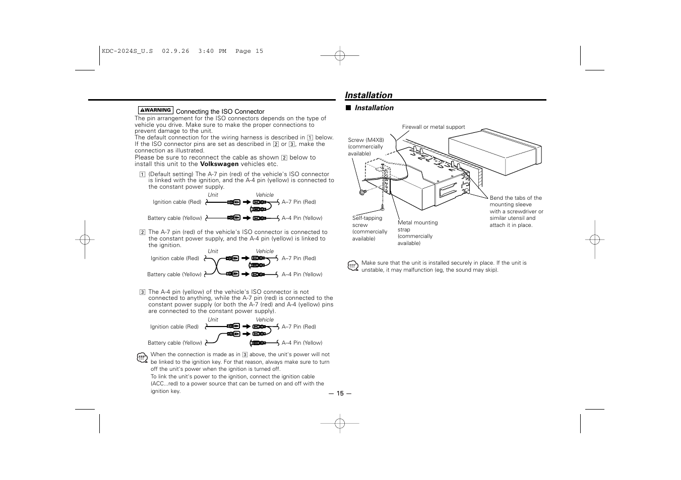 Installation | Kenwood KDC-2094 User Manual | Page 15 / 128