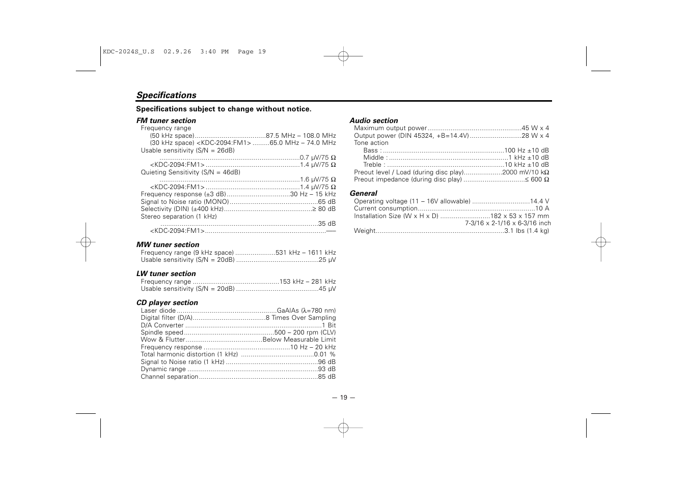 Specifications | Kenwood KDC-2094 User Manual | Page 19 / 128