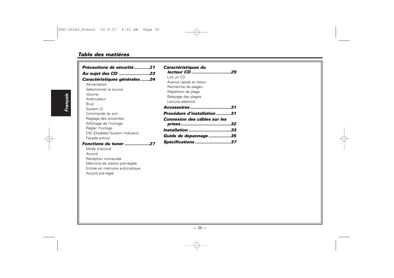 Francais | Kenwood KDC-2094 User Manual | Page 20 / 128