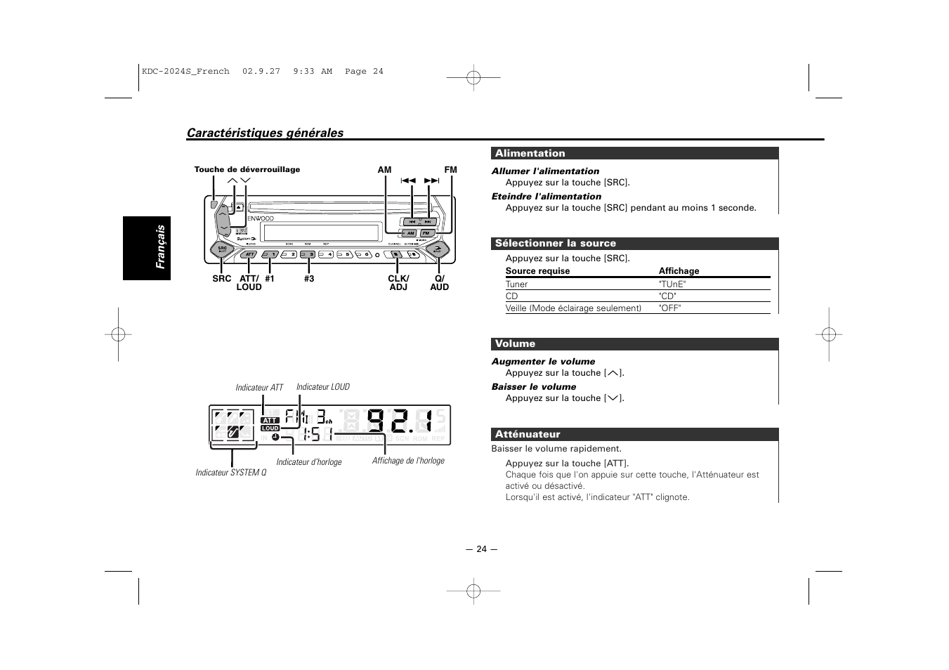 Caracteristiques generales | Kenwood KDC-2094 User Manual | Page 24 / 128