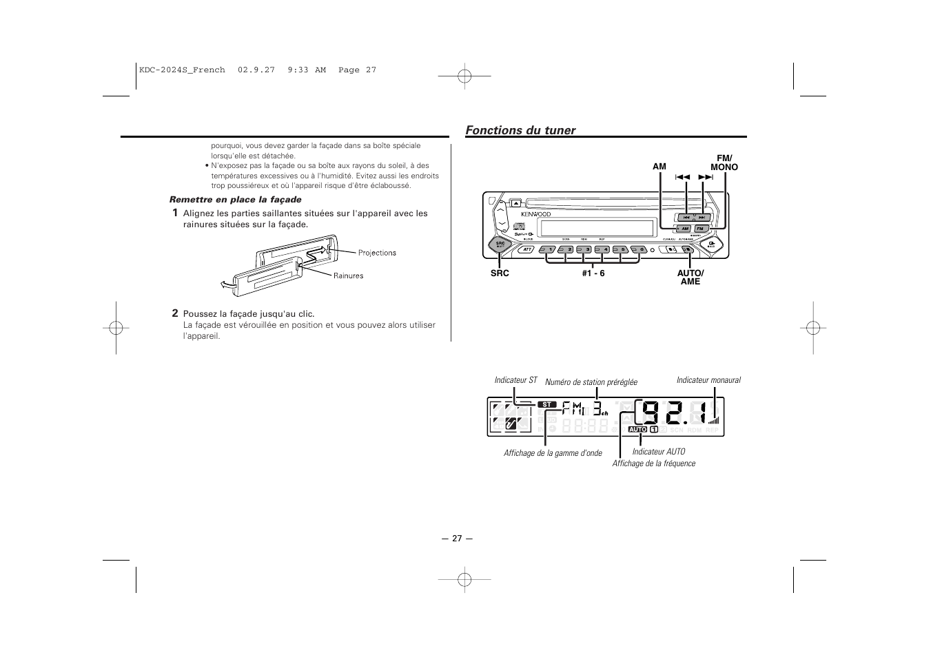 Fonctions du tuner | Kenwood KDC-2094 User Manual | Page 27 / 128