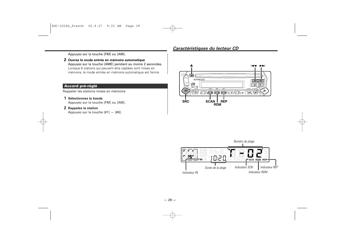 Caracteristiques du lecteur cd | Kenwood KDC-2094 User Manual | Page 29 / 128