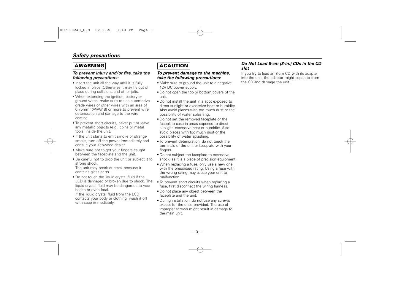 Safety precautions | Kenwood KDC-2094 User Manual | Page 3 / 128