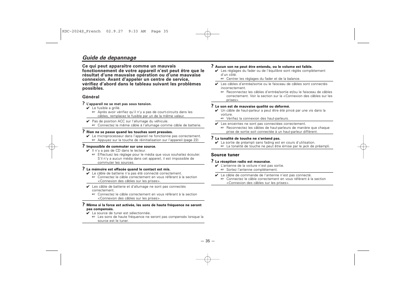 Guide de depannage | Kenwood KDC-2094 User Manual | Page 35 / 128