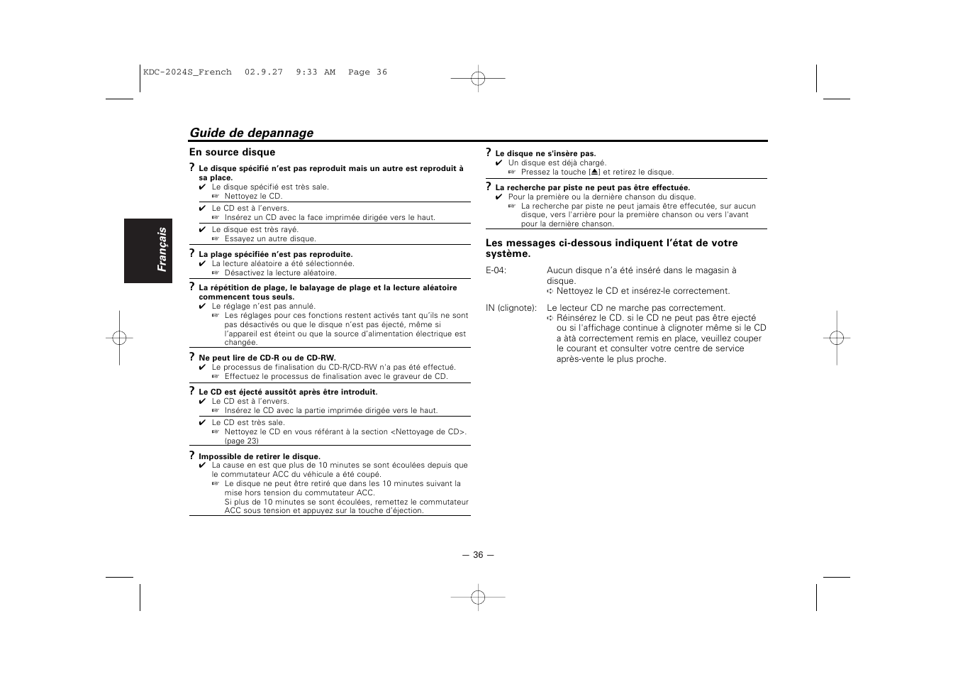 Guide de depannage | Kenwood KDC-2094 User Manual | Page 36 / 128