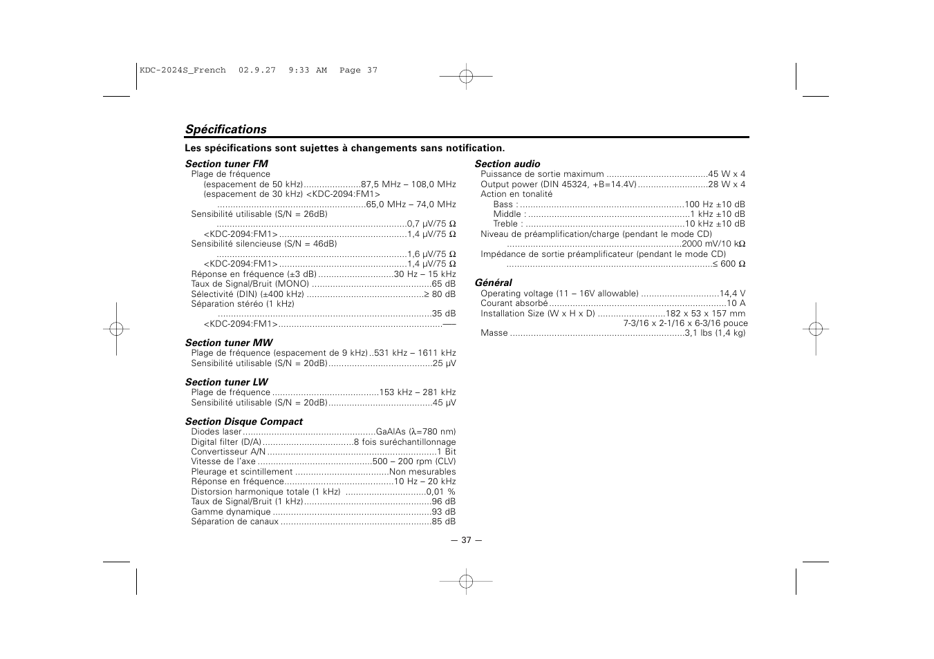 Specifications | Kenwood KDC-2094 User Manual | Page 37 / 128