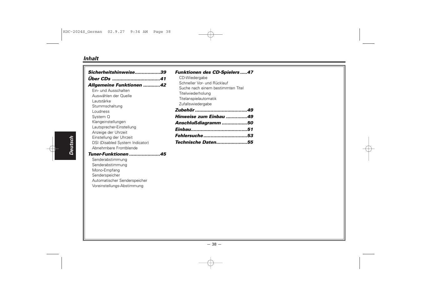 Deutsch | Kenwood KDC-2094 User Manual | Page 38 / 128