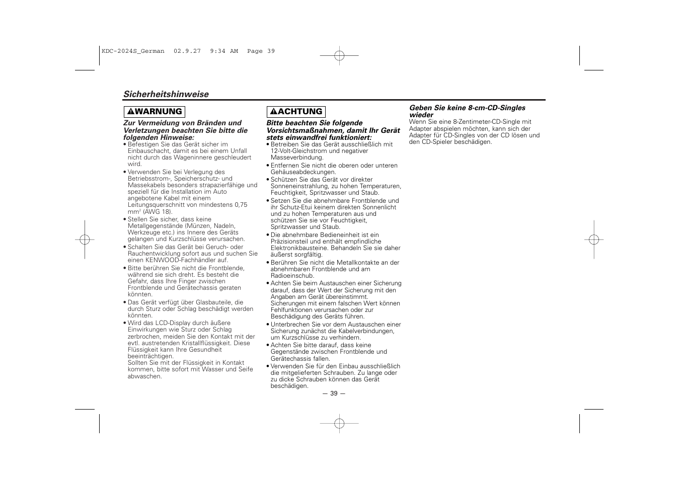 Sicherheitshinweise | Kenwood KDC-2094 User Manual | Page 39 / 128