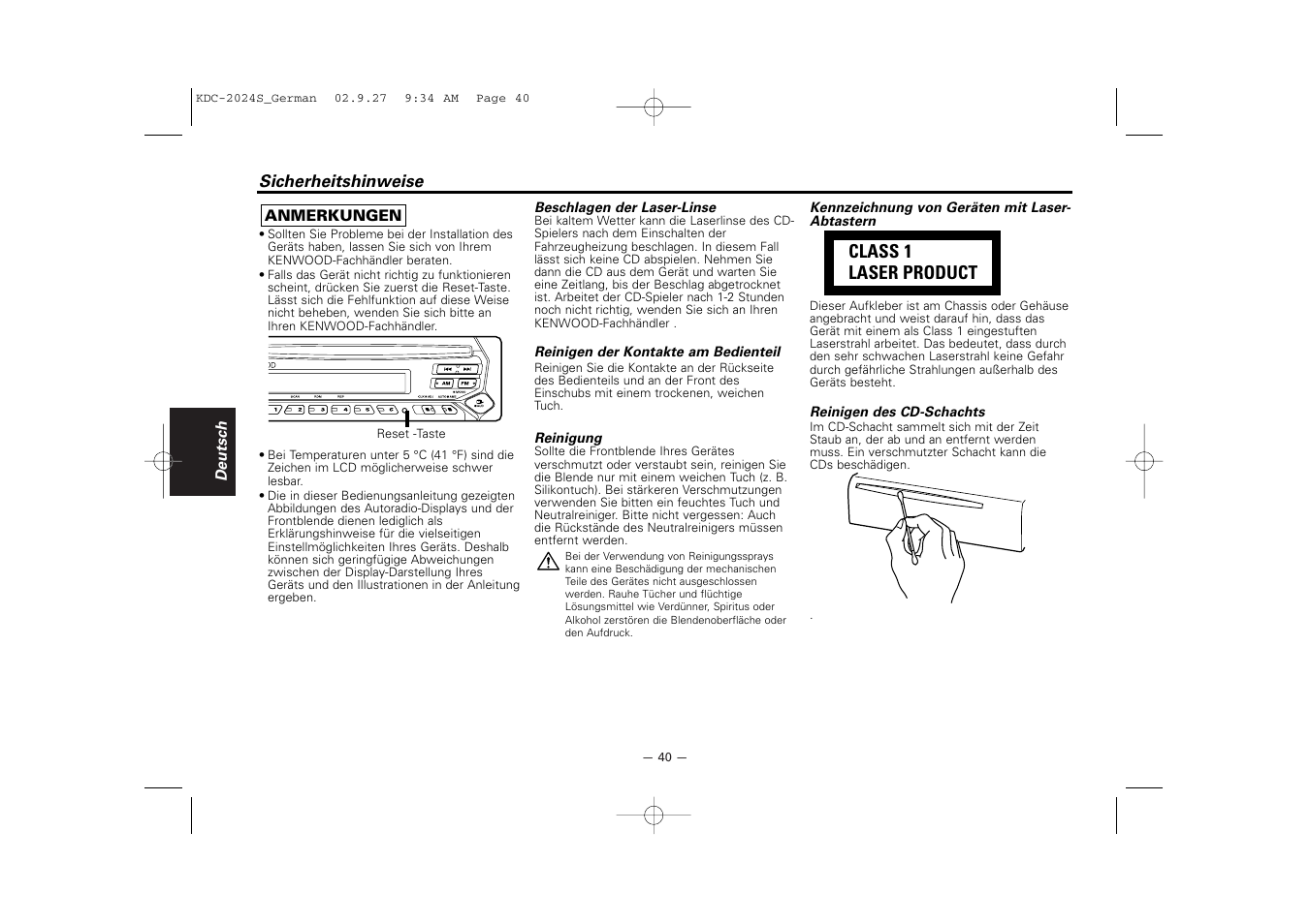 Class 1 laser product | Kenwood KDC-2094 User Manual | Page 40 / 128