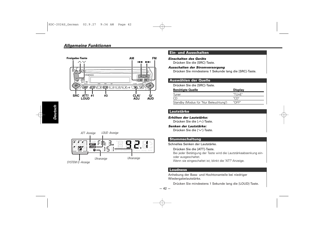 Allgemeine funktionen | Kenwood KDC-2094 User Manual | Page 42 / 128