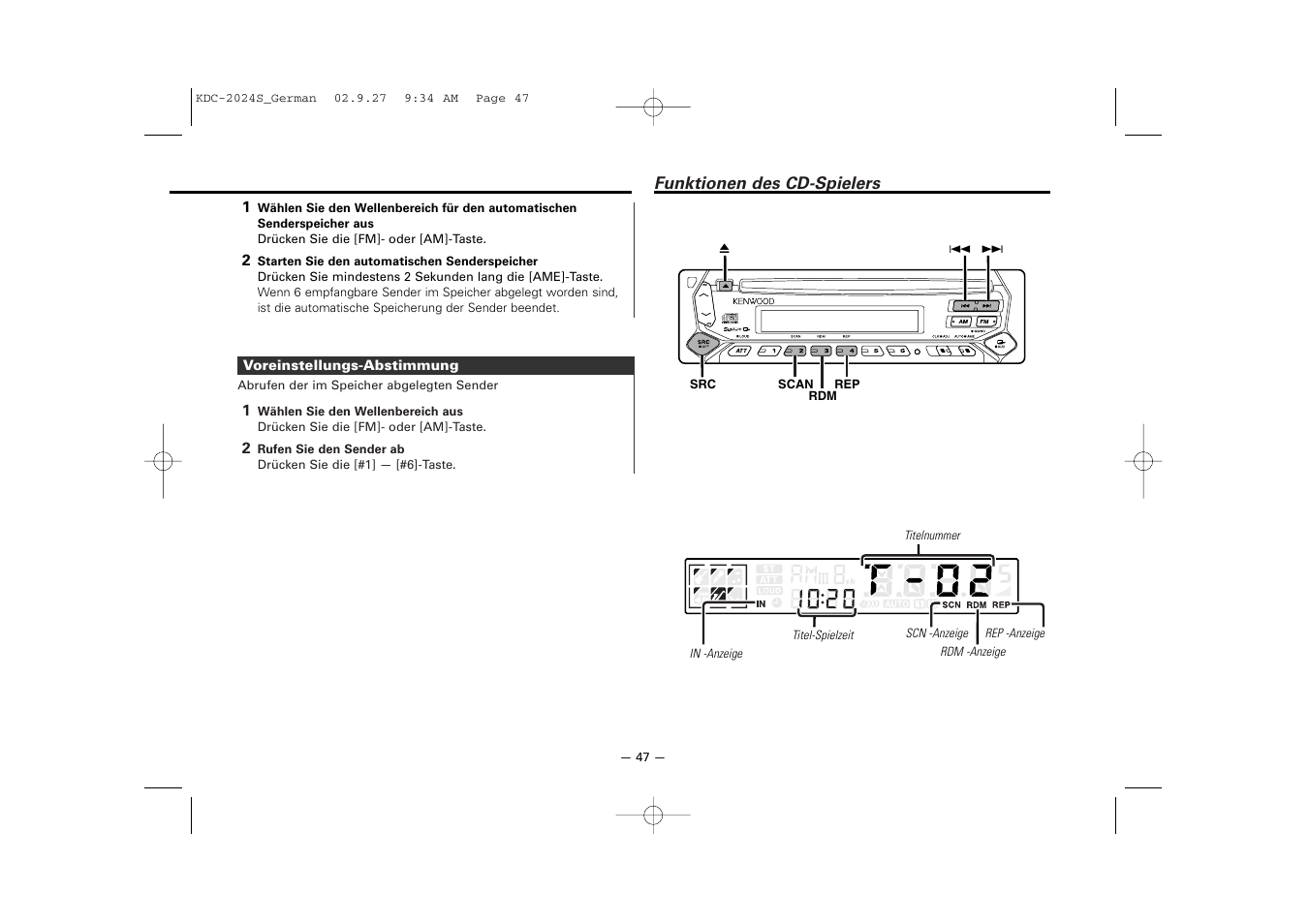 Funktionen des cd-spielers | Kenwood KDC-2094 User Manual | Page 47 / 128