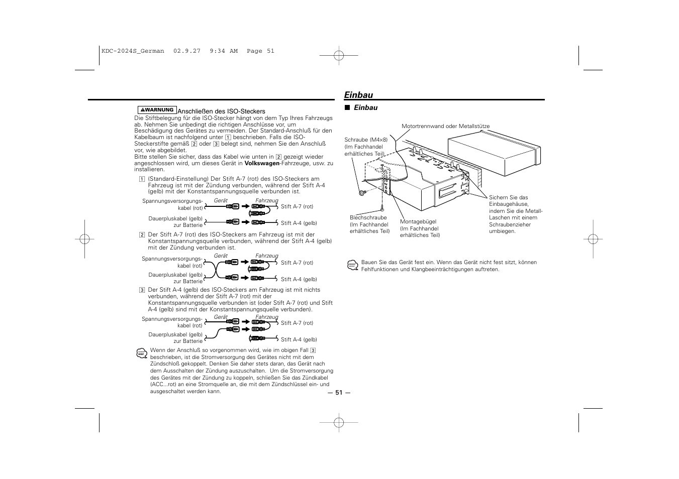 Einbau | Kenwood KDC-2094 User Manual | Page 51 / 128