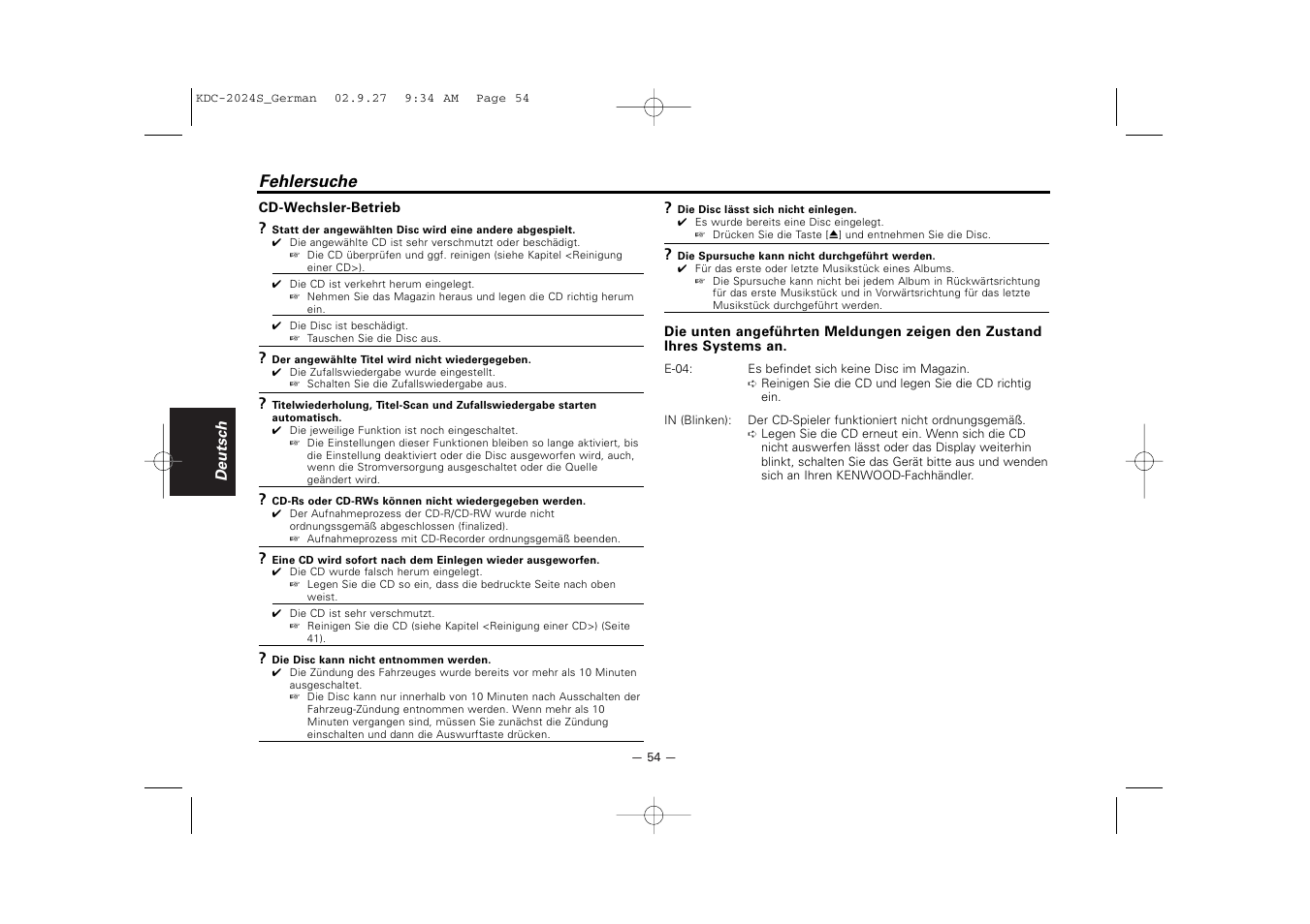 Fehlersuche | Kenwood KDC-2094 User Manual | Page 54 / 128