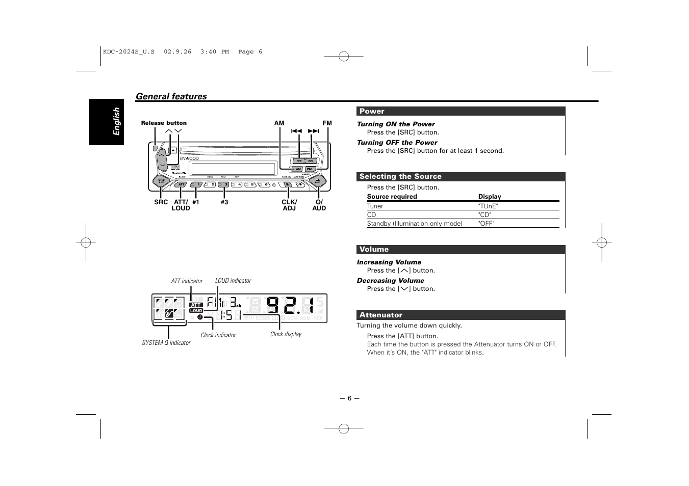 General features | Kenwood KDC-2094 User Manual | Page 6 / 128