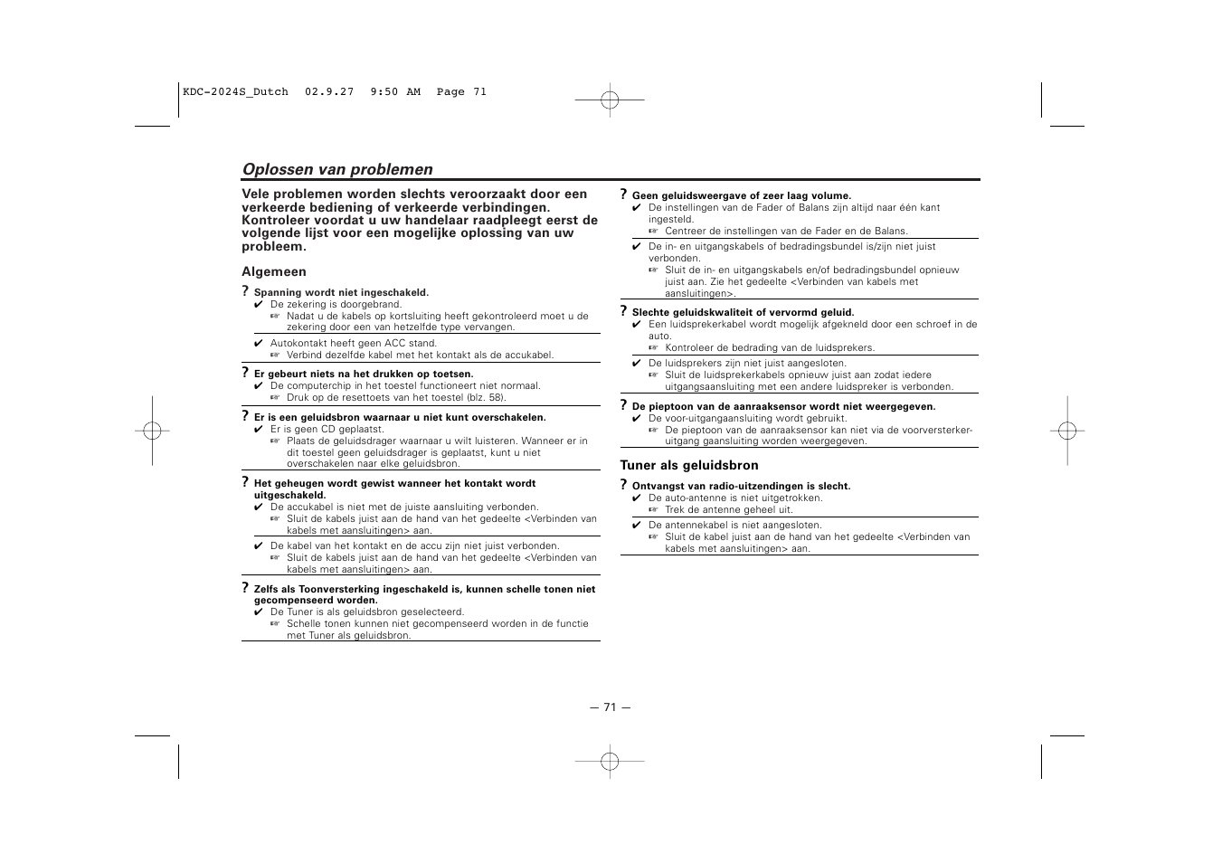 Oplossen van problemen | Kenwood KDC-2094 User Manual | Page 71 / 128