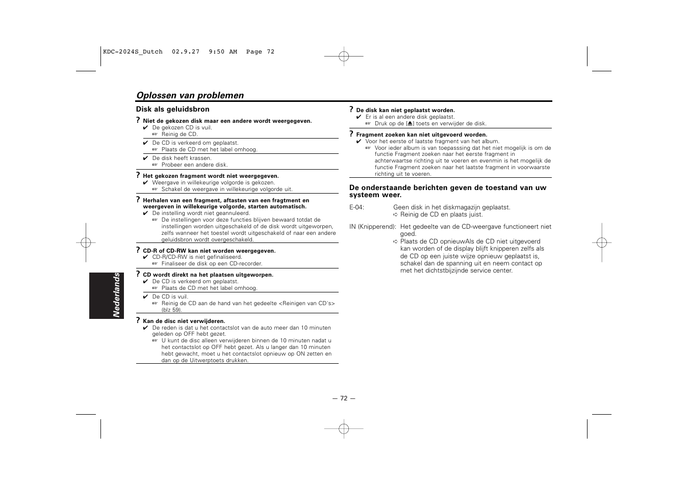 Oplossen van problemen | Kenwood KDC-2094 User Manual | Page 72 / 128