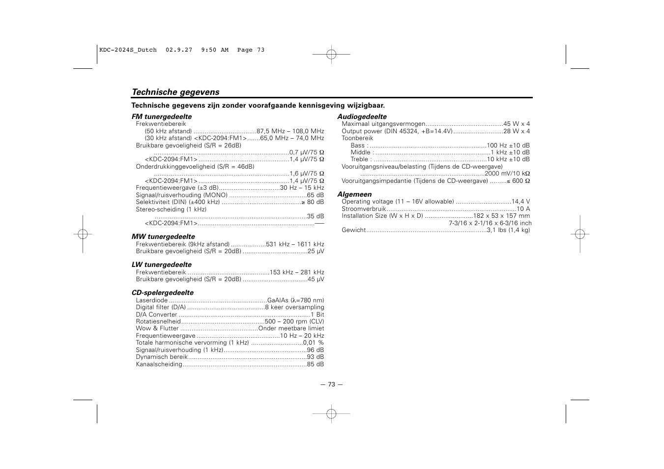 Technische gegevens | Kenwood KDC-2094 User Manual | Page 73 / 128