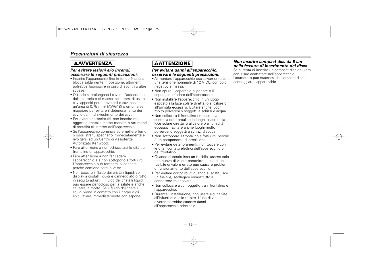 Precauzioni di sicurezza | Kenwood KDC-2094 User Manual | Page 75 / 128