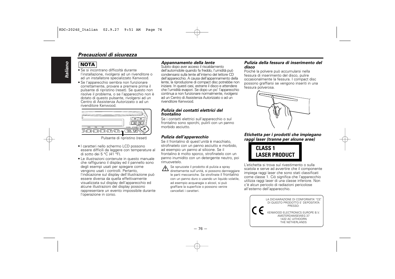 Class 1 laser product | Kenwood KDC-2094 User Manual | Page 76 / 128