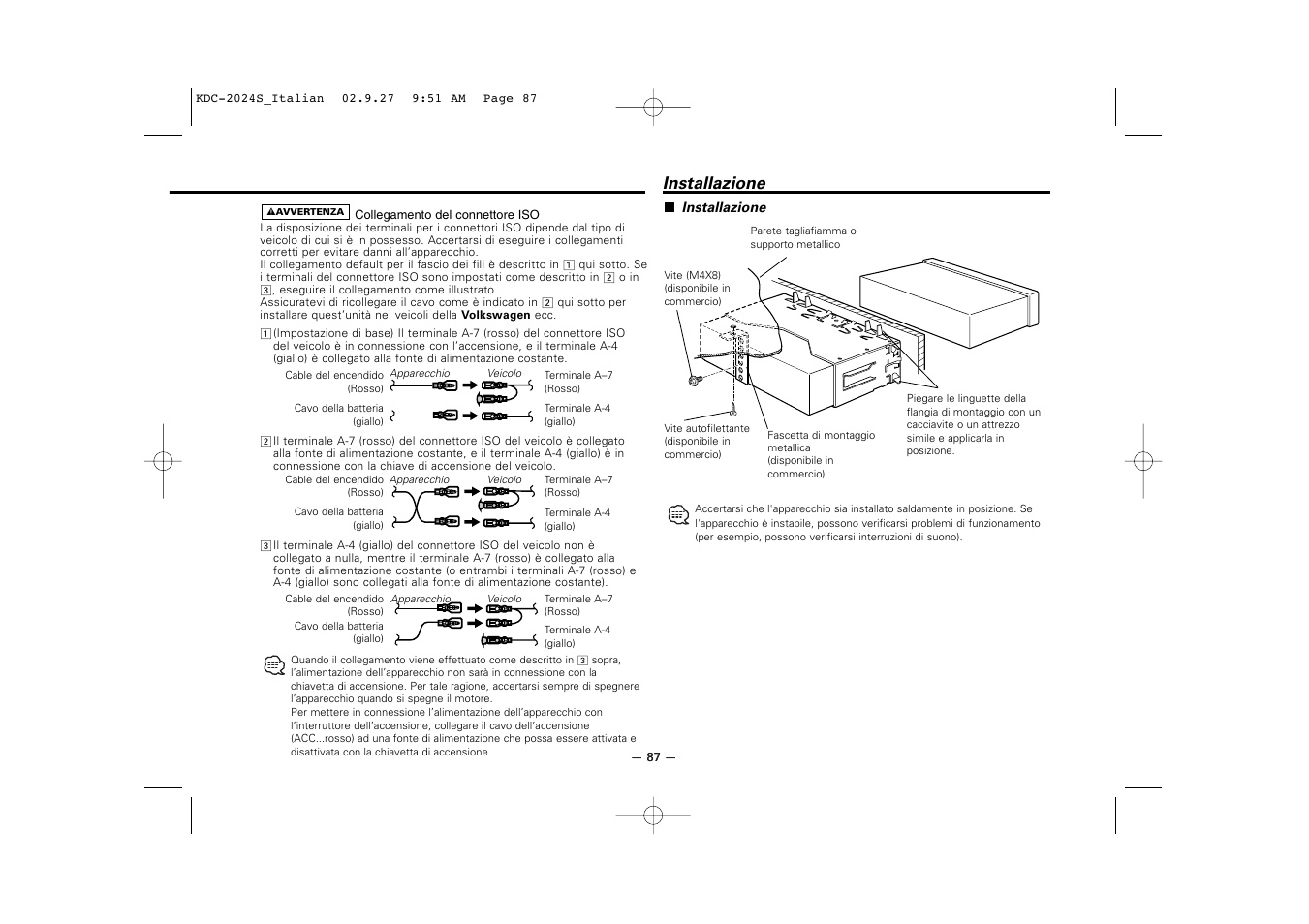 Installazione | Kenwood KDC-2094 User Manual | Page 87 / 128