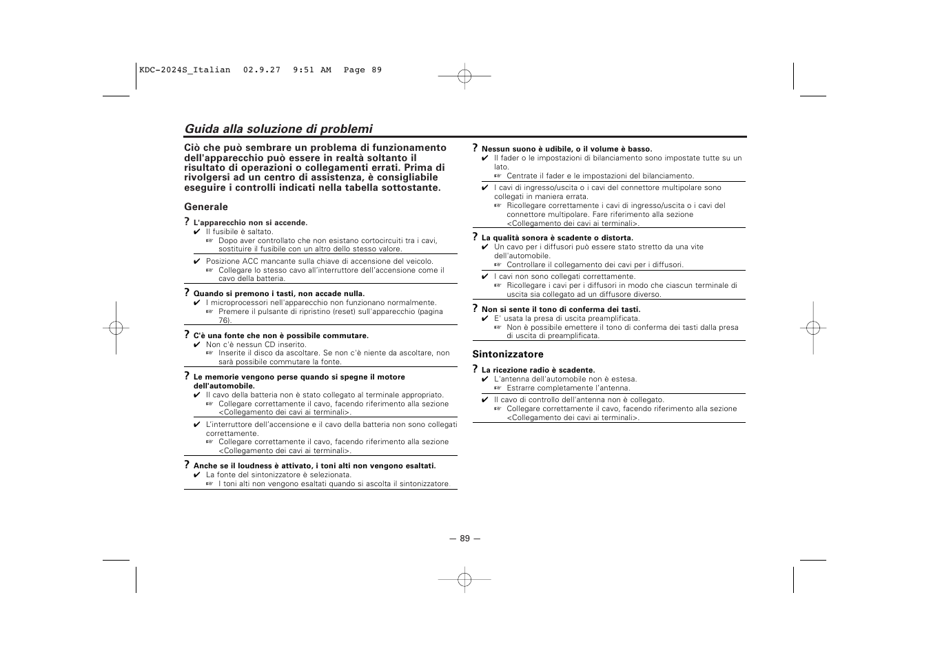 Guida alla soluzione di problemi | Kenwood KDC-2094 User Manual | Page 89 / 128