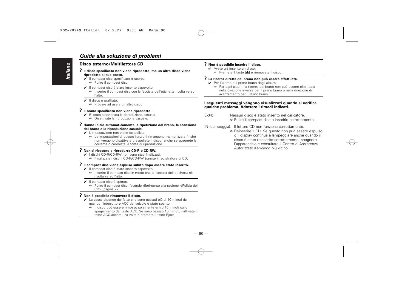 Guida alla soluzione di problemi | Kenwood KDC-2094 User Manual | Page 90 / 128