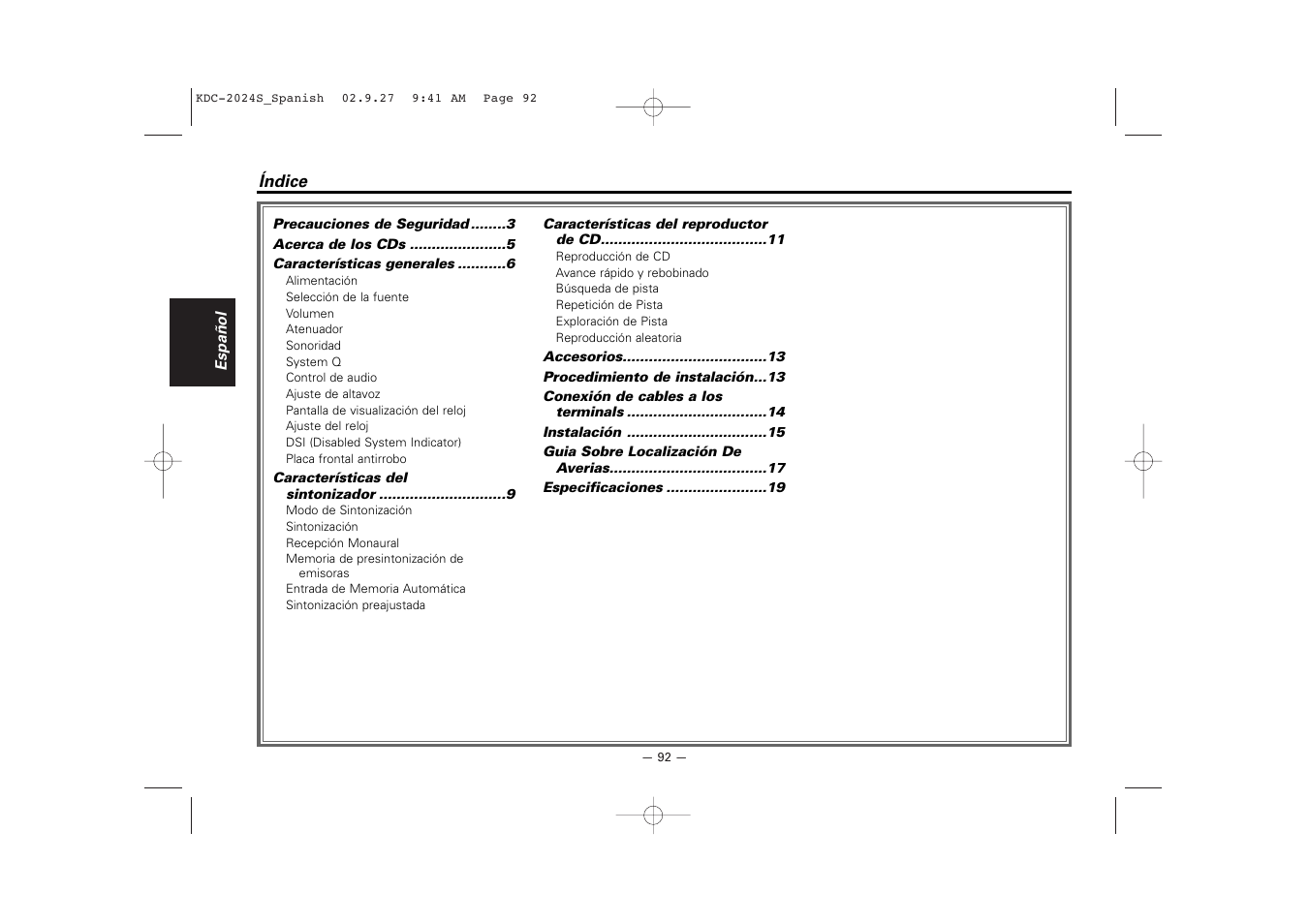 Espanol | Kenwood KDC-2094 User Manual | Page 92 / 128