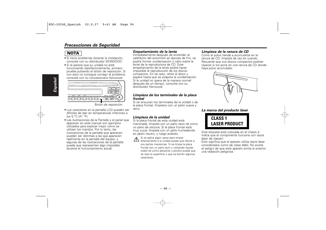 Class 1 laser product | Kenwood KDC-2094 User Manual | Page 94 / 128