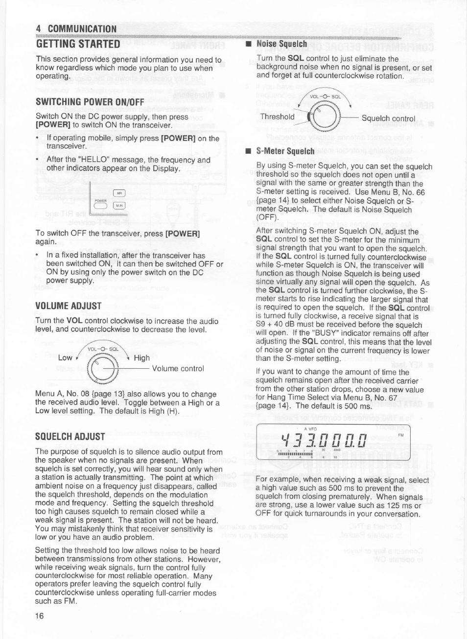 4 communication, Gehing started, Switching power on/off | Volume adjust, Squelch adjust, Getting started, U zt zt | Kenwood TM-255E User Manual | Page 23 / 66