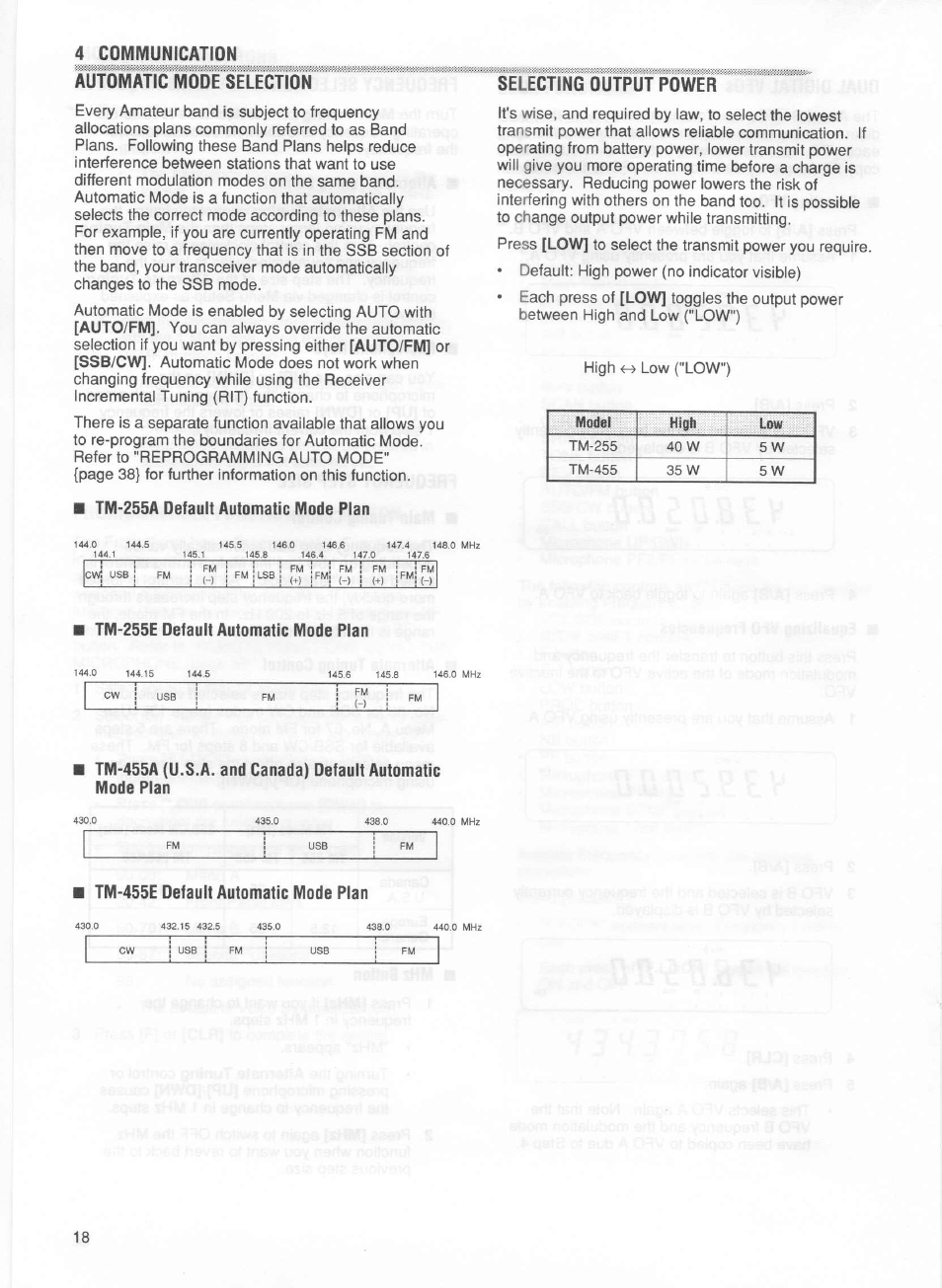 Automatic mode selection, Tm-255e default automatic mode plan, Tm-455e default automatic mode plan | Kenwood TM-255E User Manual | Page 25 / 66