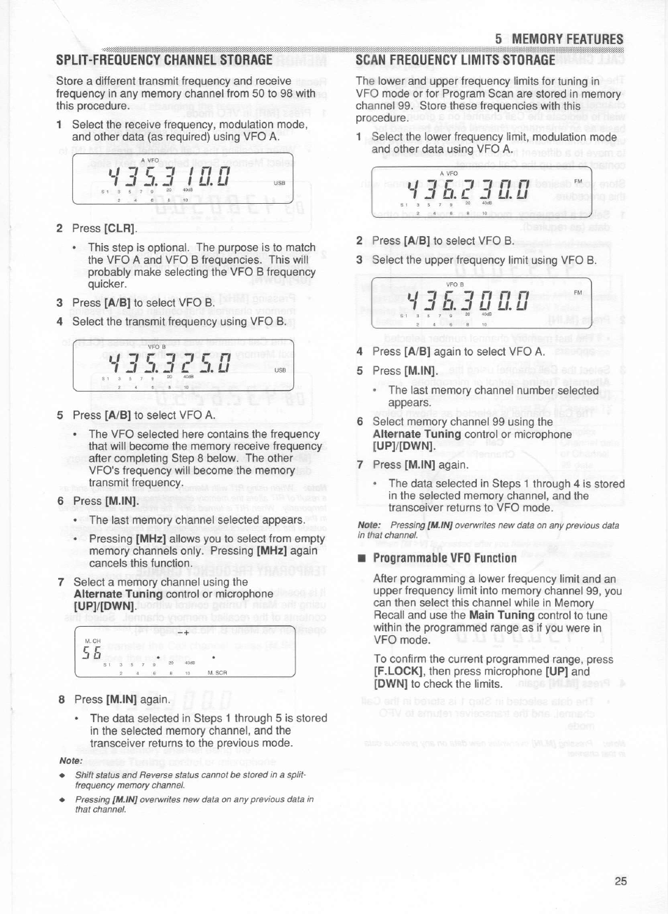 Split-frequency channel storage, 5 memory features scan frequency limits storage, Programmable vfo function | U zf | Kenwood TM-255E User Manual | Page 32 / 66