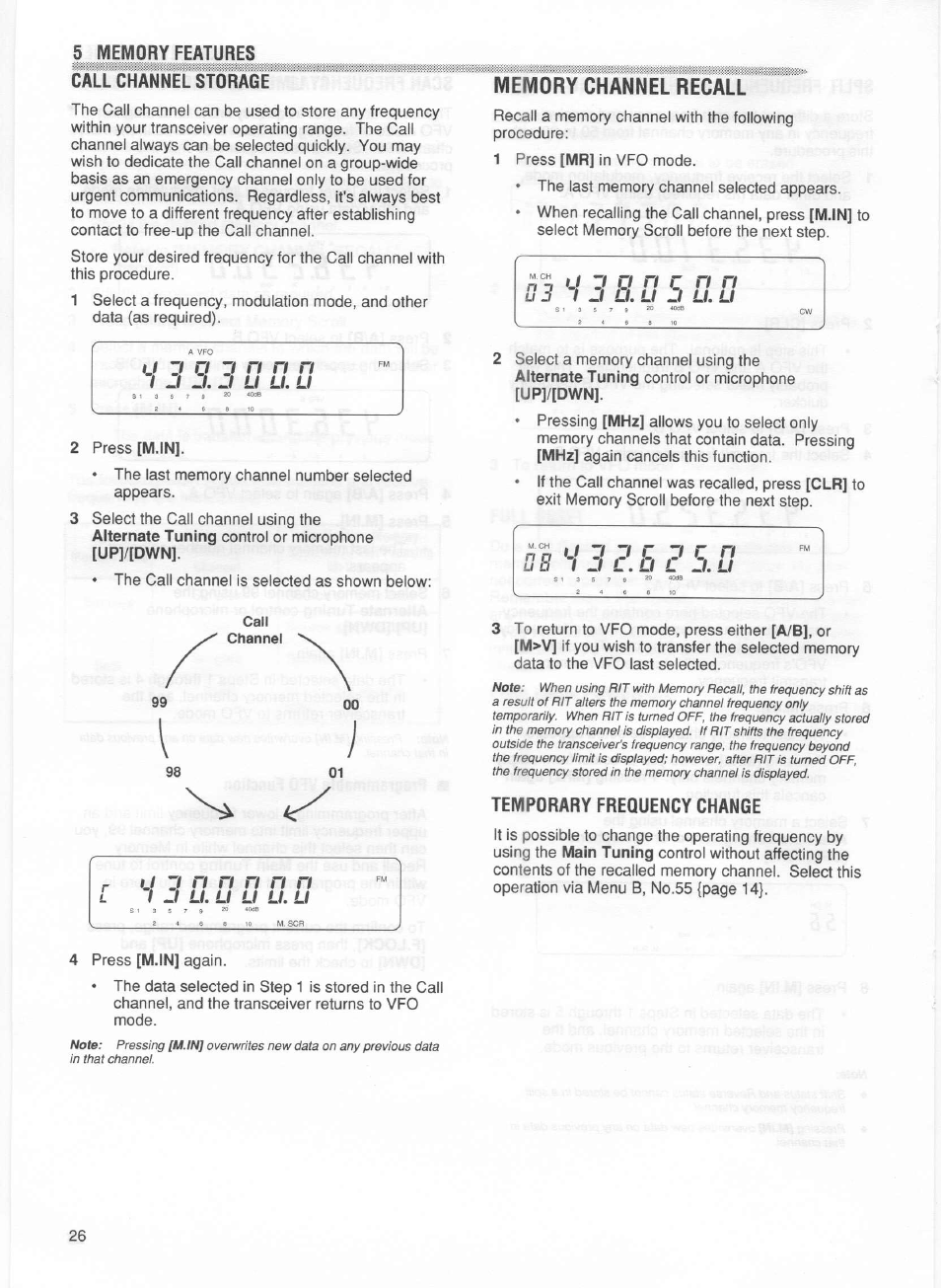 Call channel storage, Memory channel recall, Temporary frequency change | U zi o zi n n n, J j. j | Kenwood TM-255E User Manual | Page 33 / 66