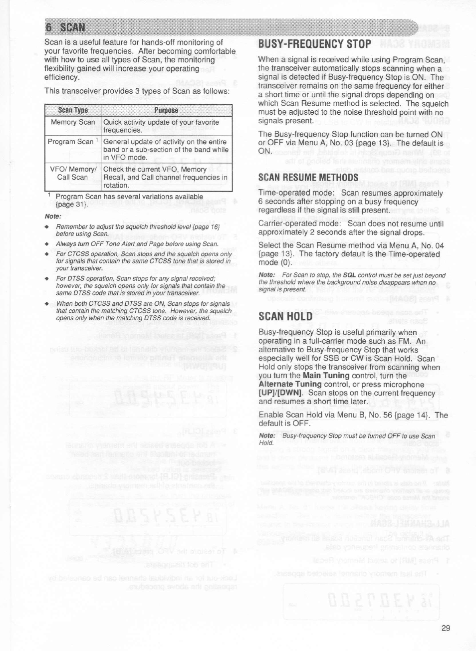 S scam, Busy-frequency stop, Scan resume methods | Scan hold | Kenwood TM-255E User Manual | Page 36 / 66