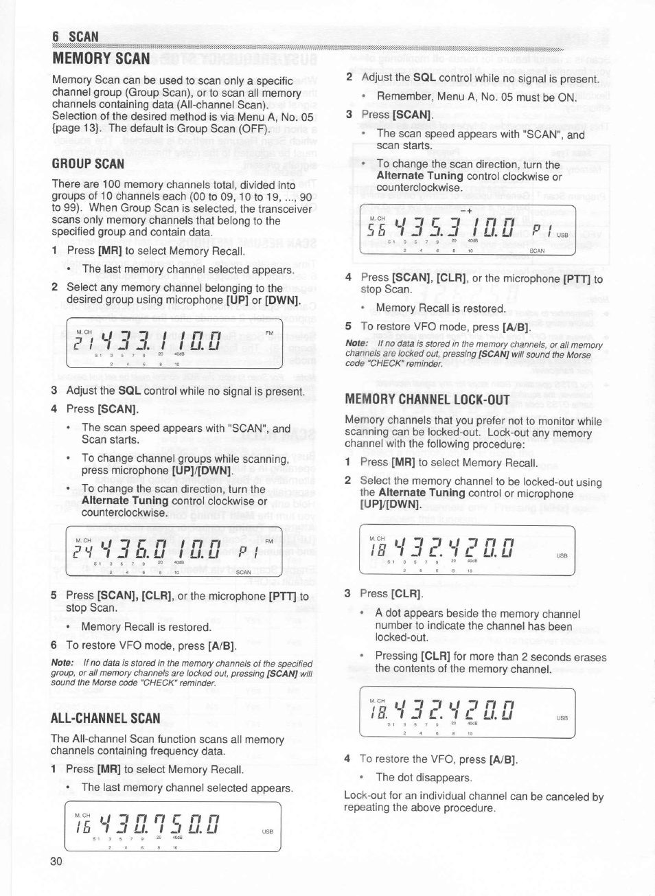 Group scan, All-channel scan, Memory channel lock-out | Zi i, O.u / 1 n n, 6 scan, 5 5 u zi, Zi i?s, Li. li | Kenwood TM-255E User Manual | Page 37 / 66