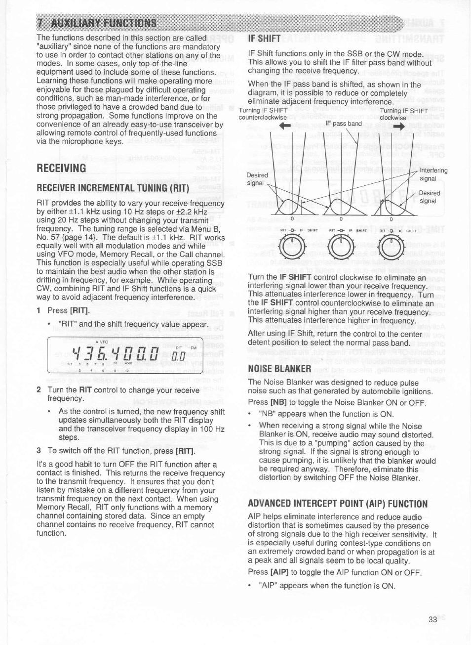7 auxiliary fumcnons, Receiving, Receiver incremental tuning (rit) | If shift, Noise blanker, Advanced intercept point (alp) function, Advanced intercept point (alp), Function | Kenwood TM-255E User Manual | Page 40 / 66