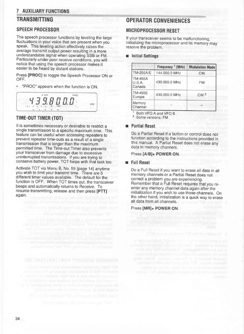 7 auxiliary functions, Transmitting, Speech processor | Time-out timer (tot), Operator conveniences, Microprocessor reset, Initial settings, Partial reset, Full reset | Kenwood TM-255E User Manual | Page 41 / 66
