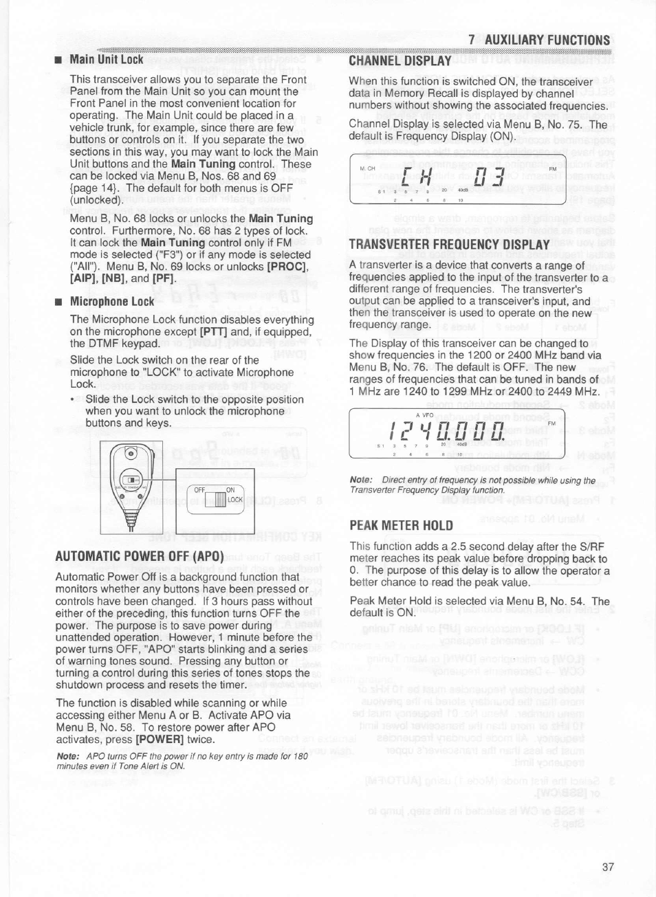 Main unit lock, Microphone lock, Automatic power off (apo) | Channel display, Transverter frequency display, Peak meter hdld, Peak meter hold | Kenwood TM-255E User Manual | Page 44 / 66