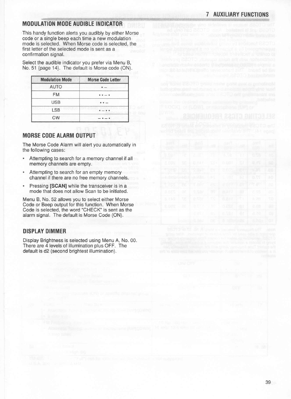 Modulation mode audible indicator, Morse code alarm output, Display dimmer | Kenwood TM-255E User Manual | Page 46 / 66