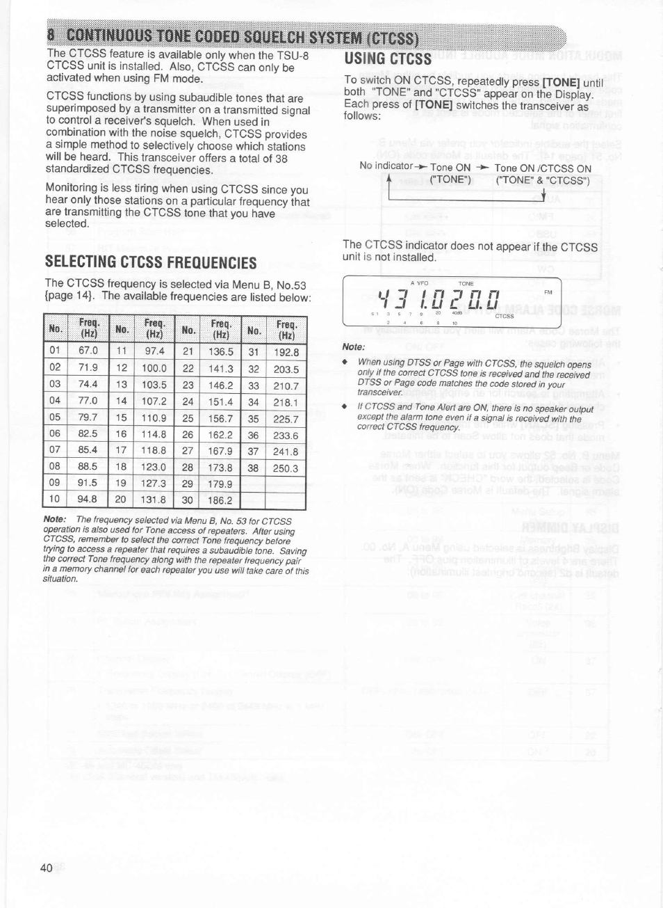 Selecting ctcss frequencies, Using ctcss, Штшиои$ tone сош squelch system (ctcss) | Kenwood TM-255E User Manual | Page 47 / 66