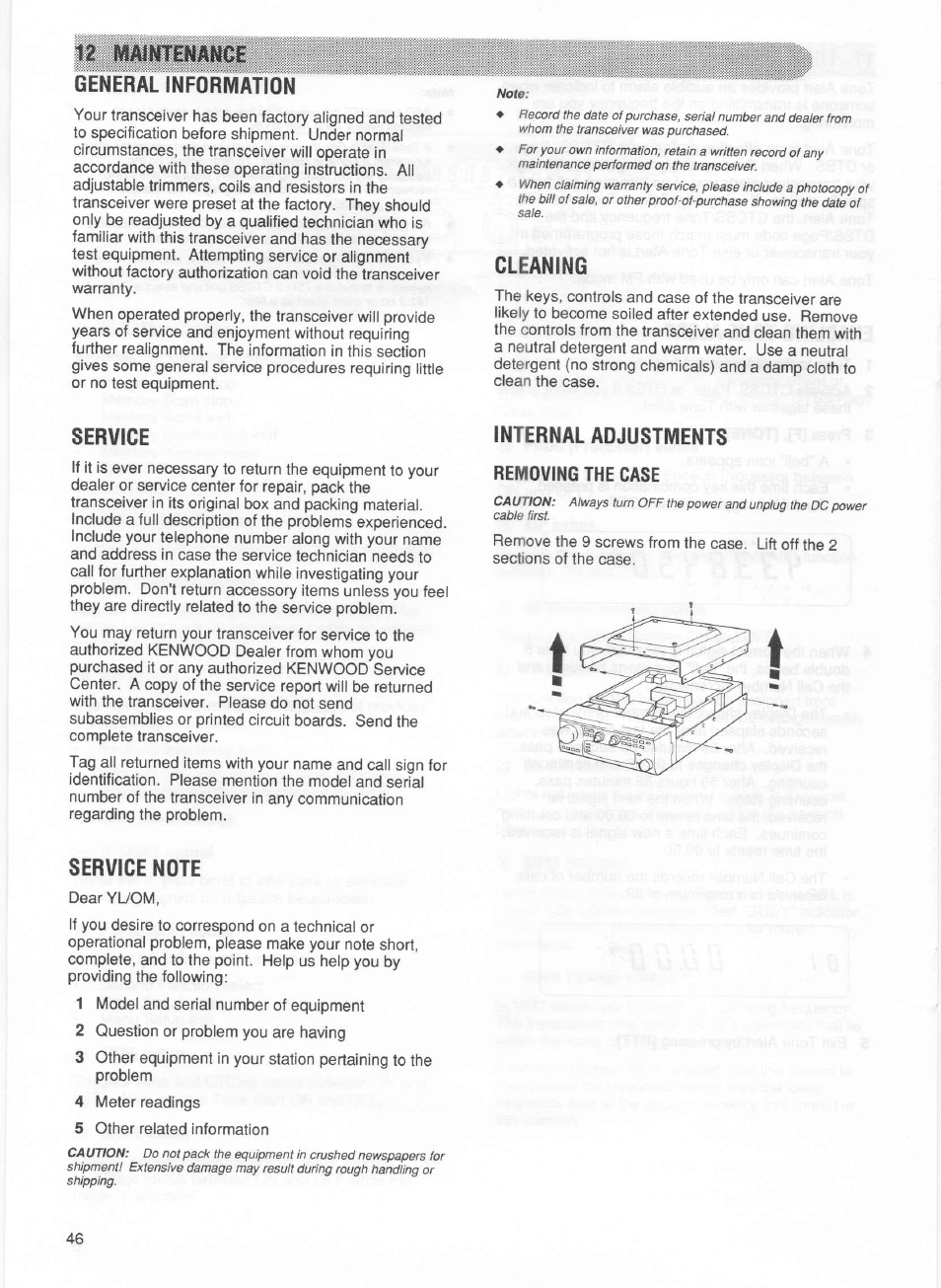 12 miuiirenftiice general information, Cleaning, Service | Internal adjustments, Removing the case, Service note | Kenwood TM-255E User Manual | Page 53 / 66