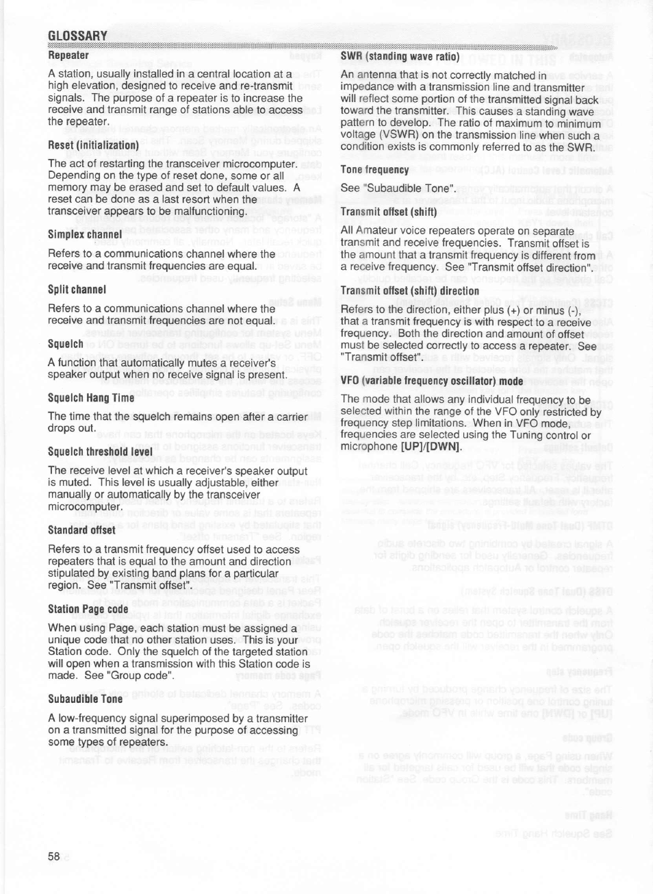 Glossary, Reset (initialization), Simplex channel | Split channel, Squelch, Squelch hang time, Squelch threshold level, Standard offset, Subaudible tone, Swr (standing wave ratio) | Kenwood TM-255E User Manual | Page 65 / 66
