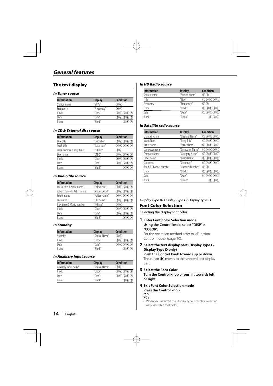 General features, The text display, Font color selection | Kenwood KDC-MP635 User Manual | Page 14 / 52