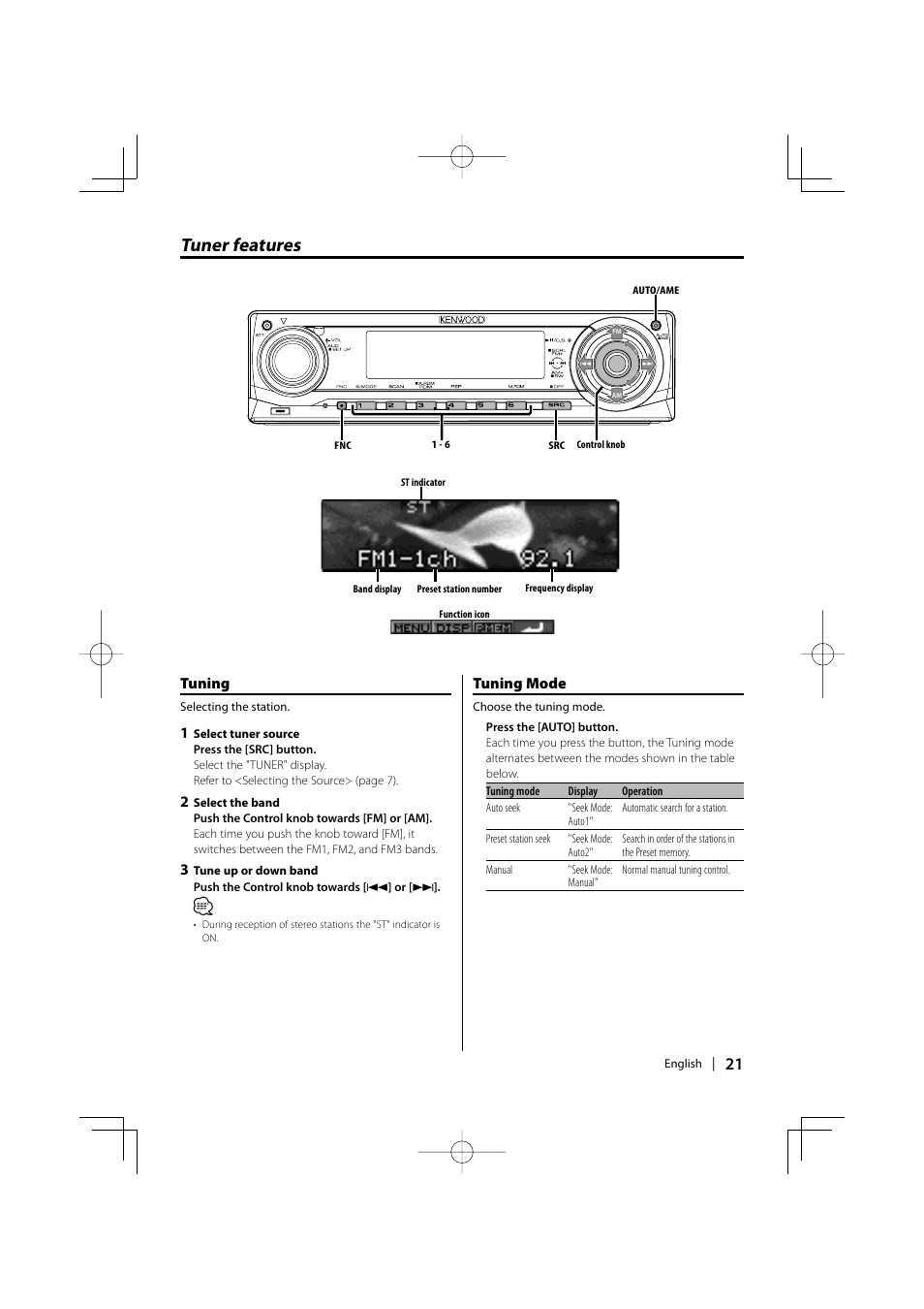 Tuner features, Tuning, Tuning mode | Kenwood KDC-MP635 User Manual | Page 21 / 52