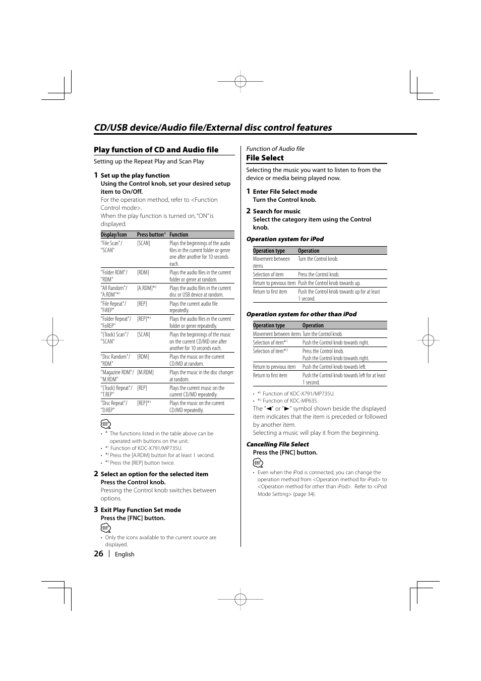 Play function of cd and audio file, File select | Kenwood KDC-MP635 User Manual | Page 26 / 52