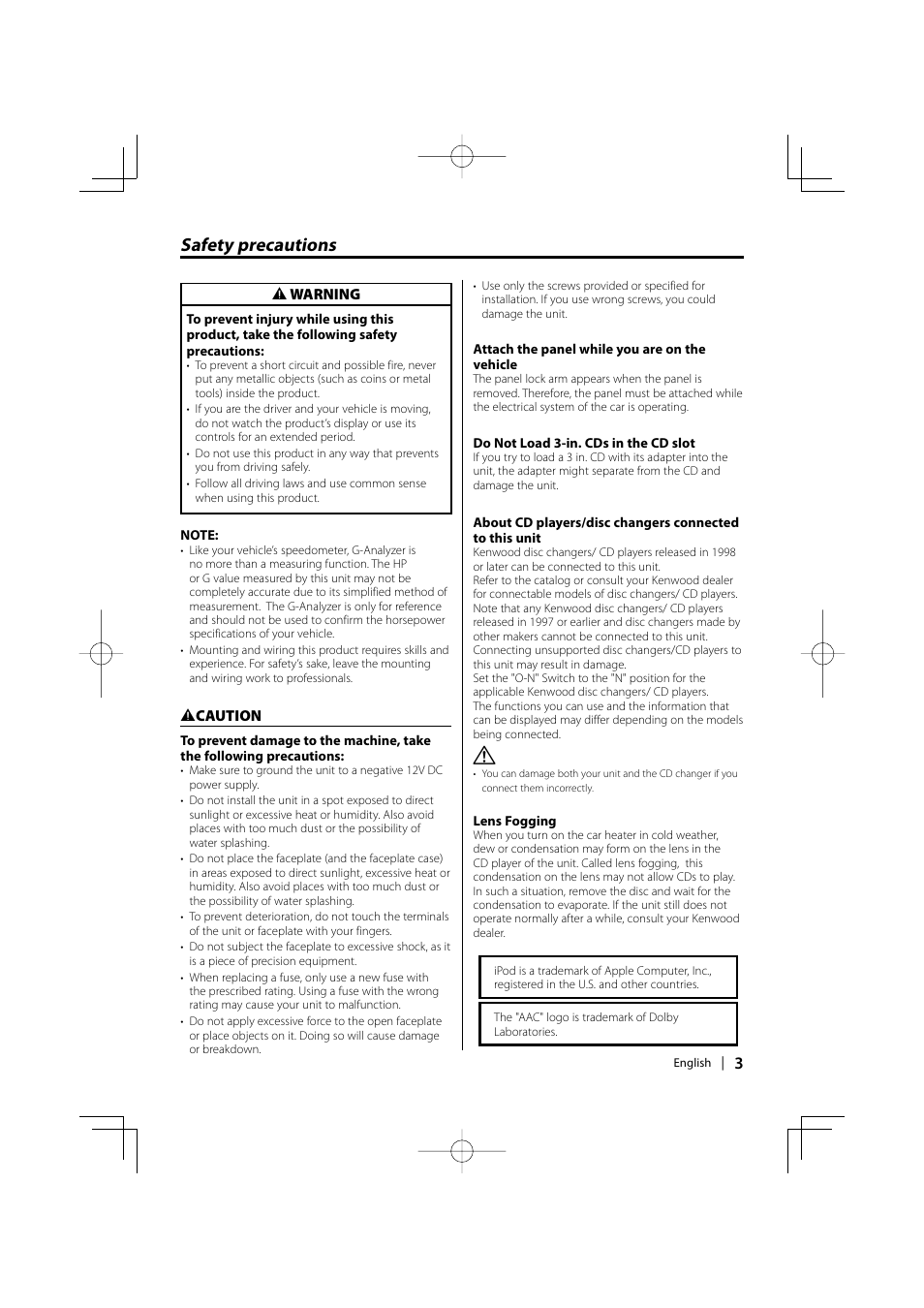 Safety precautions | Kenwood KDC-MP635 User Manual | Page 3 / 52